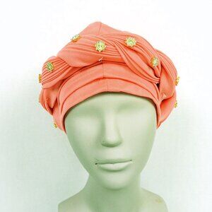 African Nigerian Islamic Braided Rhinestone Coral Pink Bonnet Turban Traditional